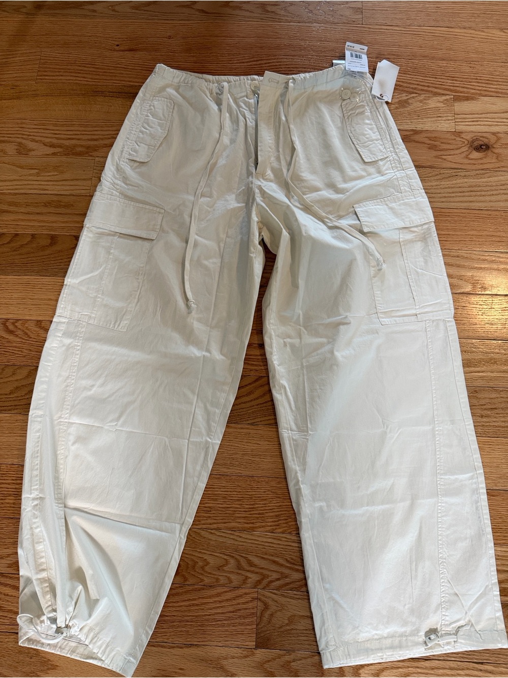 Good American Cloud White Parachute Cargo Pants with Drawstring Waist